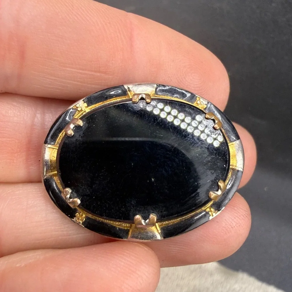 Vintage Dress Clip‎ Silver Tone Black Stone